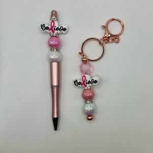 Pink Breast Cancer Believe Pen and Keychain Set
